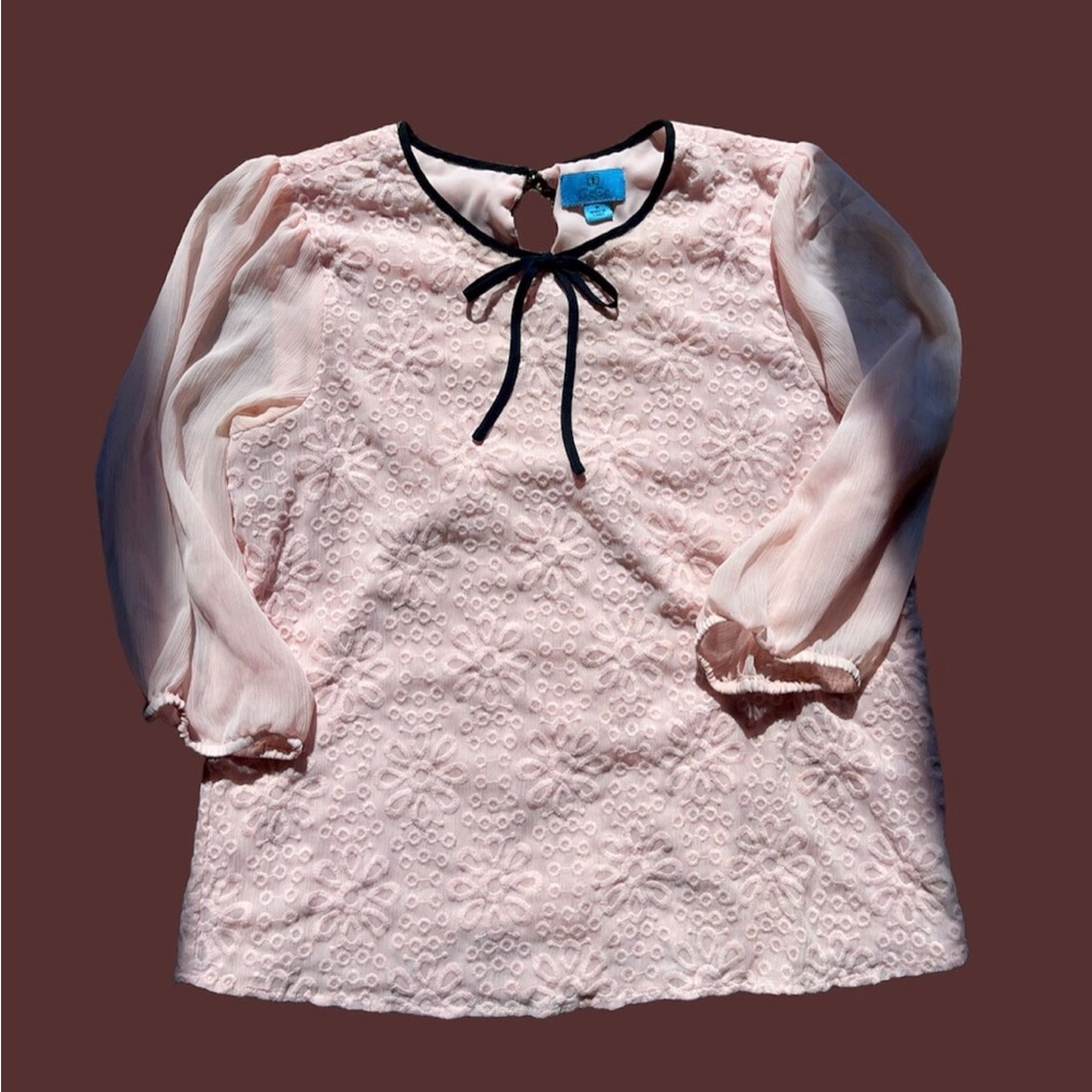Coquette Y2k Feminine Pastel Pink Floral Sheer Lace Puff Sleeve Bow Blouse Top - Picture 3 of 4